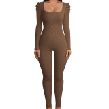 Square neck bubble sleeved long sleeved sexy slim fitting jumpsuit