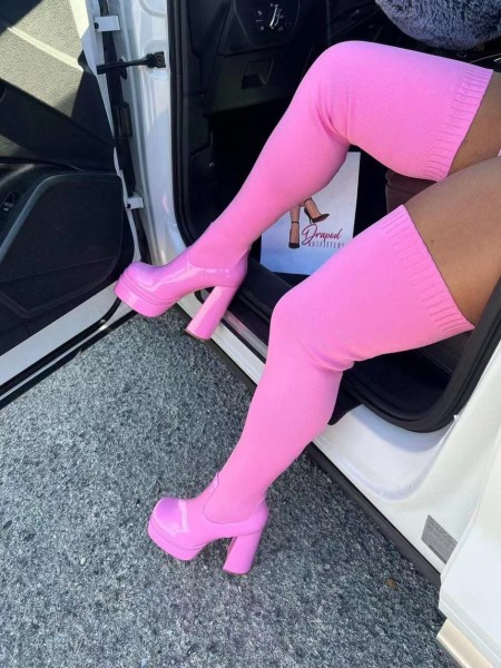Round toe thick heeled over knee boots, fly woven elastic socks, long boots