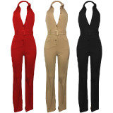 Sleeveless open back waistband elastic jumpsuit