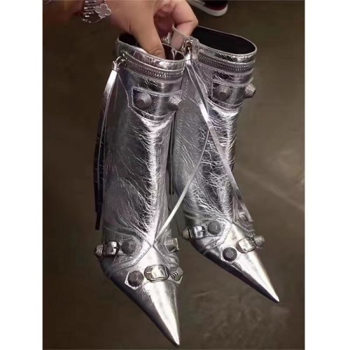 Pointed thin heeled high heeled women's boots with metal buckle high barrel tassel boots short style