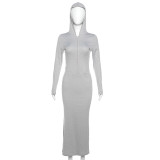 Hooded Zipper Long Sleeve Solid Fit Slim Wrap Hip Dress