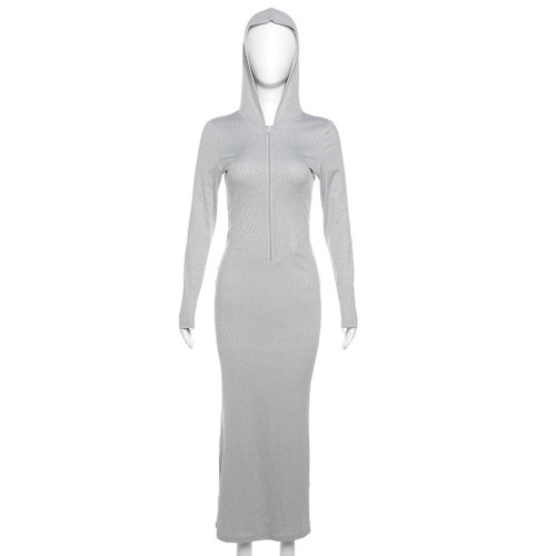 Hooded Zipper Long Sleeve Solid Fit Slim Wrap Hip Dress