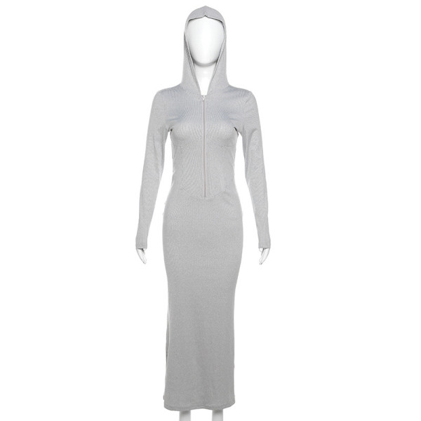 Hooded Zipper Long Sleeve Solid Fit Slim Wrap Hip Dress