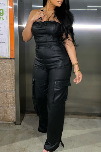 Sexy Off Shoulder Bra Tight Wrapped PU Leather jumpsuit