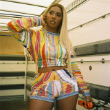 Digital printed casual long sleeved top sexy buttocks shorts set