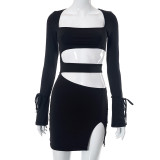 Long sleeved U-neck hollowed out short spicy girl dress