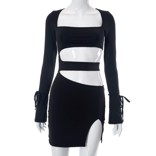 Long sleeved U-neck hollowed out short spicy girl dress