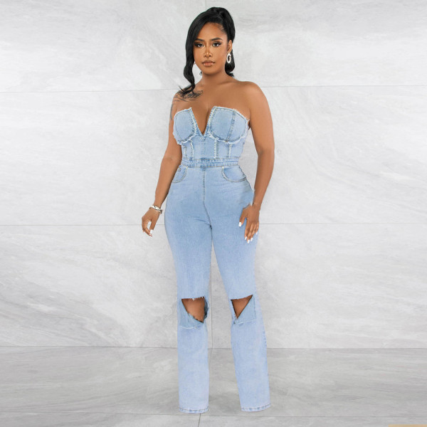 V-neck denim distressed zipper pocket street fashion jumpsuit