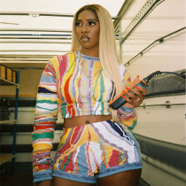 Digital printed casual long sleeved top sexy buttocks shorts set Digital printed casual long sleeved top sexy buttocks shorts set
