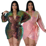 Sexy sequin gilded nightclub long sleeved lace up dress