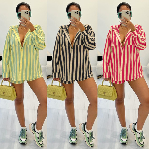 Striped shirt loose two-piece set
