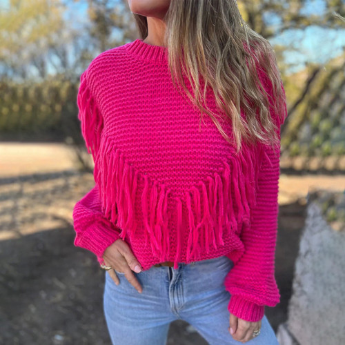 Loose fitting long sleeved fringed knit top