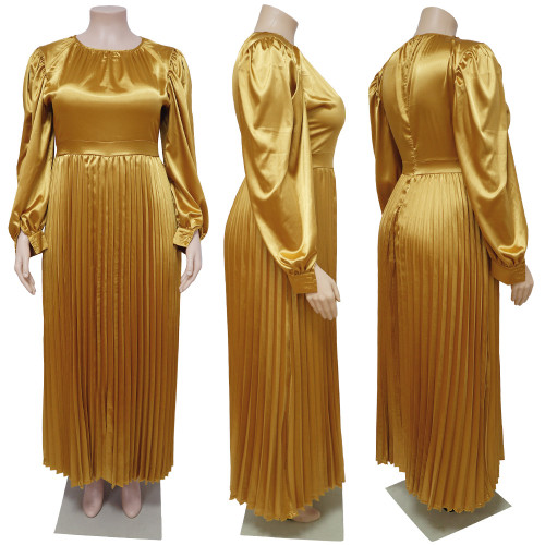 Pleated round neck long dress with long sleeves