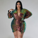 Sexy sequin gilded nightclub long sleeved lace up dress