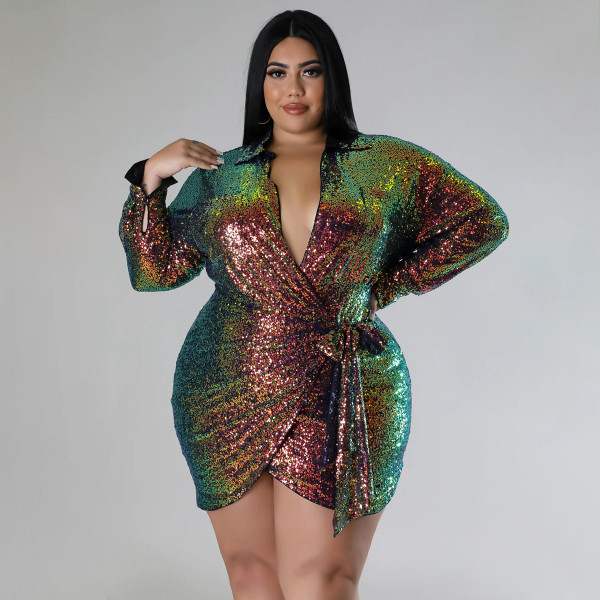 Sexy sequin gilded nightclub long sleeved lace up dress