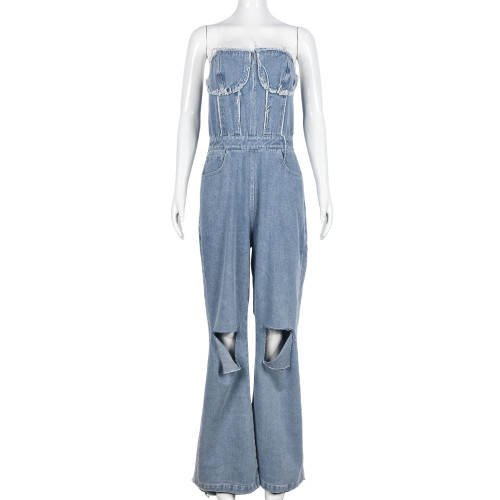 V-neck denim distressed zipper pocket street fashion jumpsuit