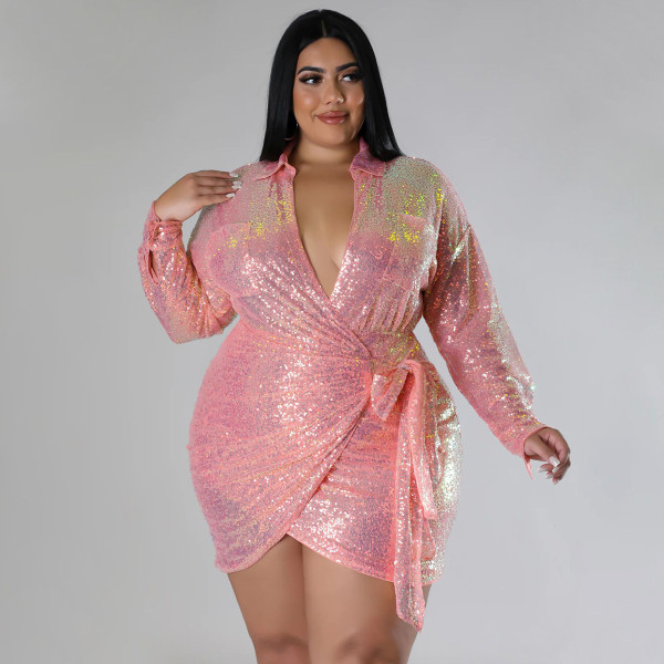 Sexy sequin gilded nightclub long sleeved lace up dress