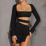 Long sleeved U-neck hollowed out short spicy girl dress