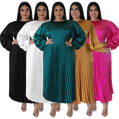 Pleated round neck long dress with long sleeves