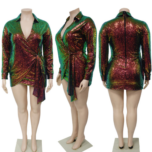 Sexy sequin gilded nightclub long sleeved lace up dress