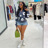 Printed contrasting lapel loose fitting sweater jacket