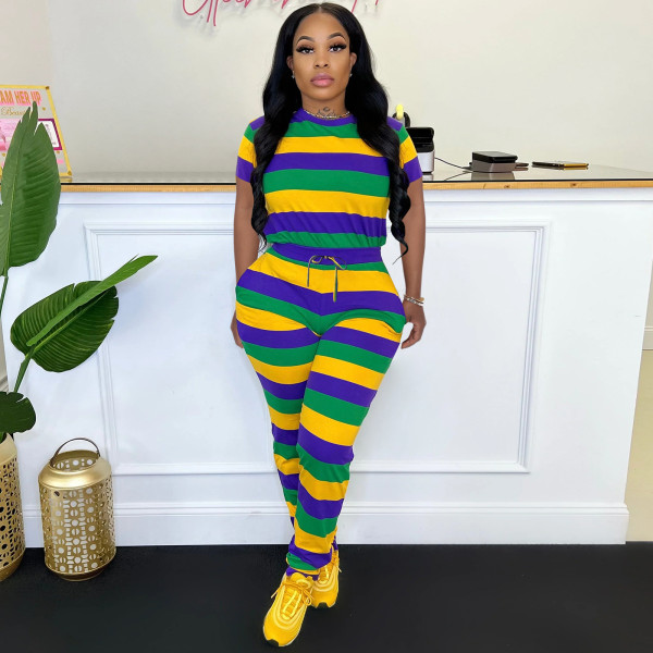 Stripe positioning printed round neck short sleeved pants set