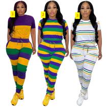 Stripe positioning printed round neck short sleeved pants set Stripe positioning printed round neck short sleeved pants set
