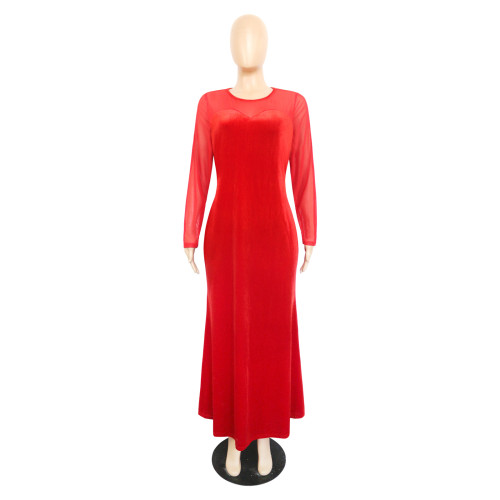 Mesh stitching large swing long sleeved sexy dress