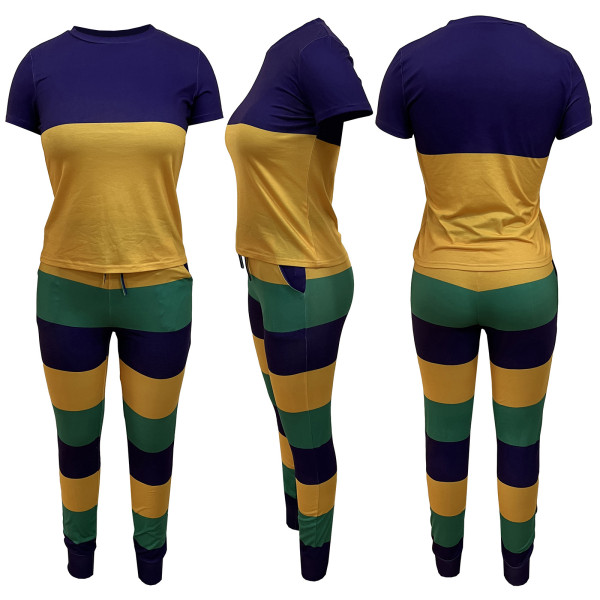 Stripe positioning printed round neck short sleeved pants set