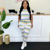 Stripe positioning printed round neck short sleeved pants set