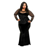 Mesh stitching large swing long sleeved sexy dress