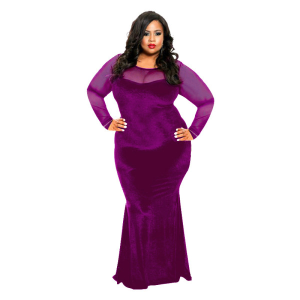 Mesh stitching large swing long sleeved sexy dress