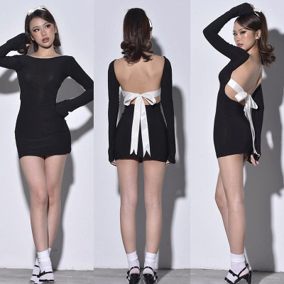 Long sleeved open back bow wrap buttocks spicy girl dress