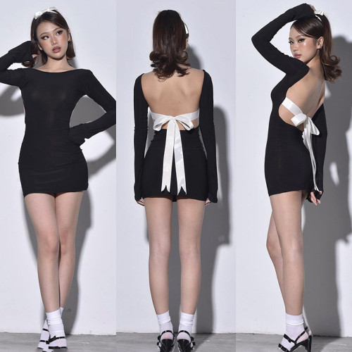 Long sleeved open back bow wrap buttocks spicy girl dress