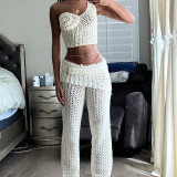 Single shoulder knitted crochet hollowed out short top set