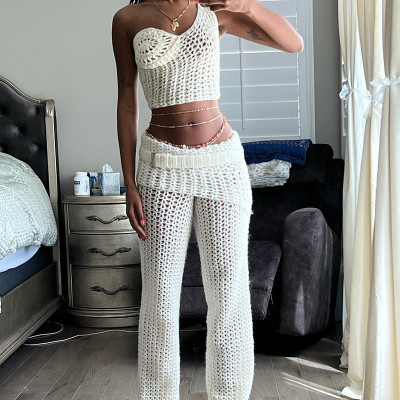 Single shoulder knitted crochet hollowed out short top set
