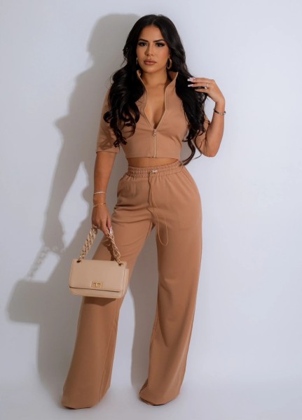 Zipper top drawstring loose pants set