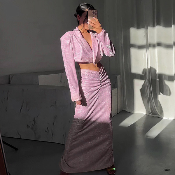Pleated buttocks skirt set sparkling suit shoulder pad top