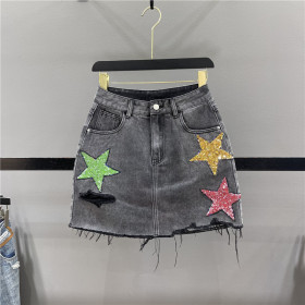 High waisted, slim A-line, punctured hem, buttocks wrapped short skirt
