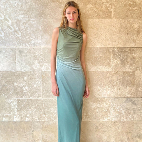 Round neck sleeveless tie dyed mesh long dress