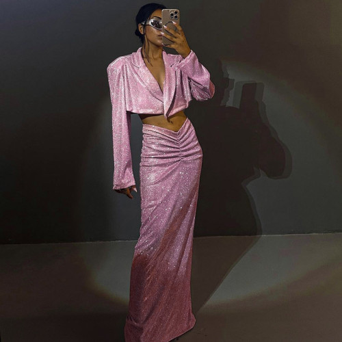 Pleated buttocks skirt set sparkling suit shoulder pad top