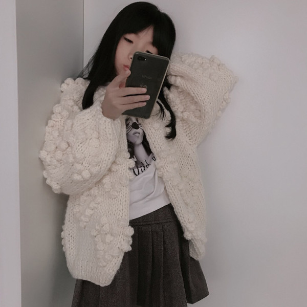Love Hooked Flower Wool Ball Pure Handmade Stick Knitted Sweater Coat