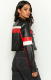 Half high neck zippered long sleeved slim fitting short PU leather jacket