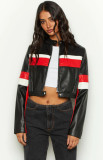 Half high neck zippered long sleeved slim fitting short PU leather jacket