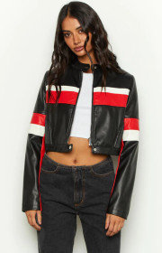 Half high neck zippered long sleeved slim fitting short PU leather jacket