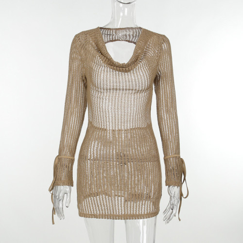 Temperament Slim Fit Long Sleeve Hollow Out Back Dress