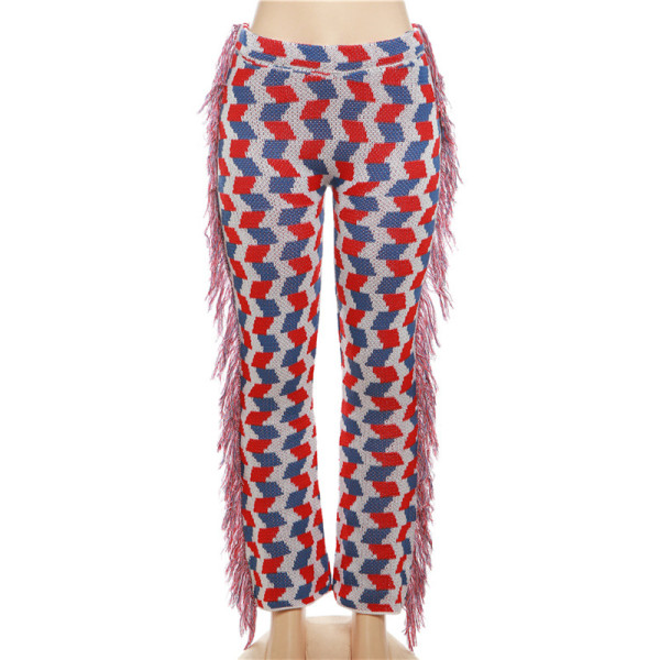 High Waist Knitted Tassel Contrast Slim Fit Street Flare Casual Pants