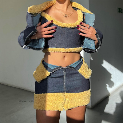 Long sleeved short jacket with tie up vest, zippered short skirt, denim three piece set