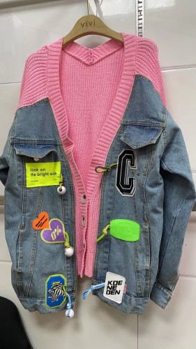 Denim patchwork sweater jacket