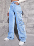 Women's work clothes, organ bags, multiple bags, denim straight pants